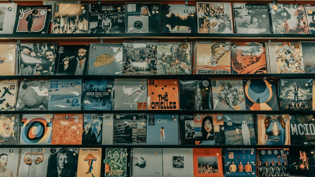 rows of vinyl records displayed on wooden shelves